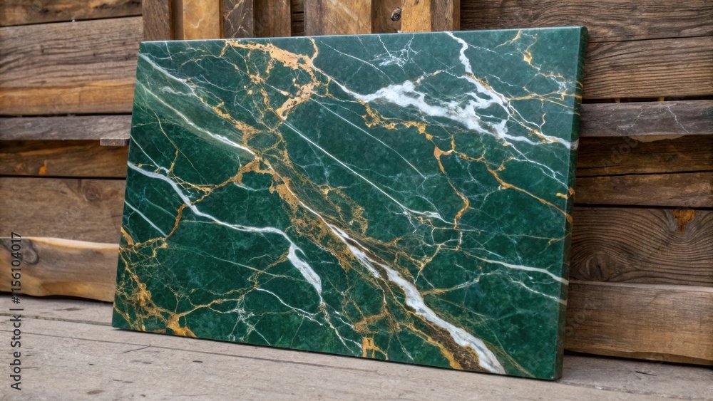 Poster Closeup shot of a deep green marble slab rich in color with intricate golden and white marbling patterns creating a natural artwork resting against a rustic wooden backdrop.