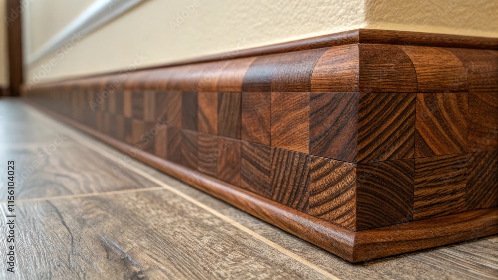 Poster Closeup on the end grain of a wooden baseboard revealing the rich color and depth of the material with fine sanding marks still visible on the surface.