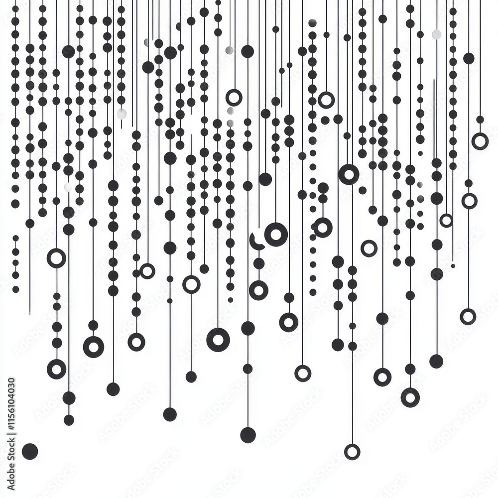 Poster abstract pattern featuring cascading dots and circles in black and white for a modern design aesthet