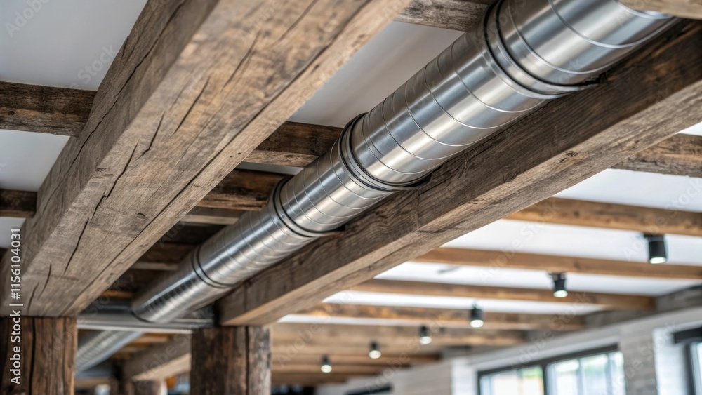 Poster closeup of weathered wood beams framing the ceiling with sleek chrome ducts integrated into the desi