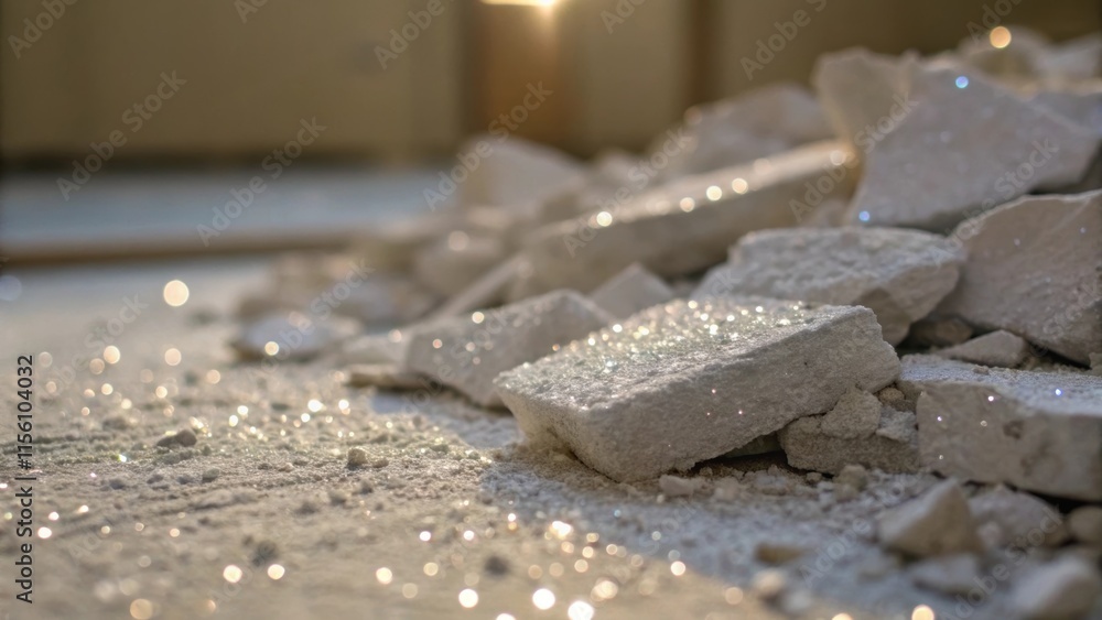 Aufkleber closeup on a shimmery dust coating that settles on a pile of neglected drywall pieces with tiny part