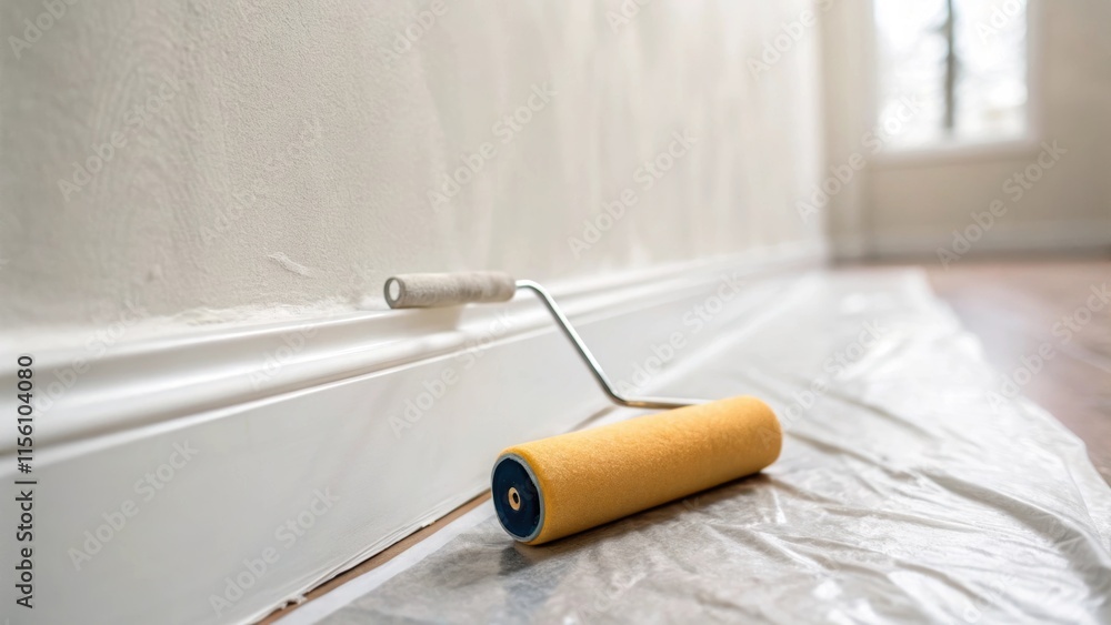 Aufkleber Closeup of the wall displaying a remarkably smooth and even primed surface with a paint roller lying on a thinned out drop cloth its color echoing the walls fresh coat.