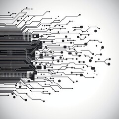 Abstract illustration of digital circuits and connections in black and white, representing technology and innovation.