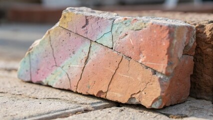 Closeup view of a jagged piece of shattered brick showcasing its rough texture and the faded traces of paint on its surface.