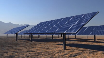 Solar Panels in Barren Mountain Landscape at Sunrise