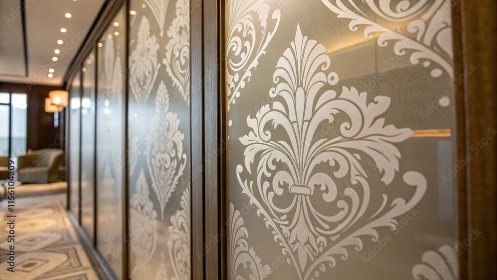 Poster Closeup of decorative etchings on a glass panel creating a subtle design that adds sophistication and a unique touch to the overall aesthetic of the apartment.