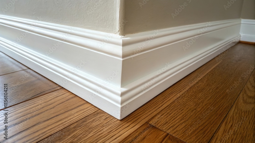 Poster Closeup of baseboard corners where the smooth paint meets the sharp edge of the wood creating a visual intersection of light and shadow.