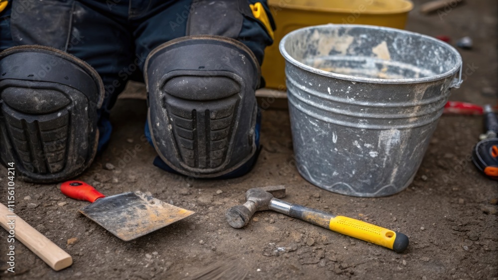 Poster closeup of a workers knee pad resting on the ground surrounded by tools like a trowel and mixing buc