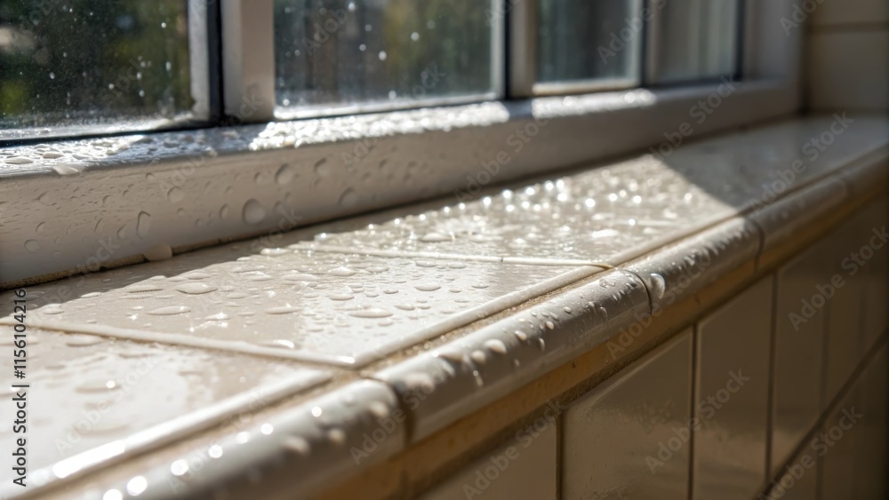 Poster Closeup of a window sill showcasing a flawless layer of wet grout reflecting light and casting soft shadows illustrating the transformation of a wellused space.