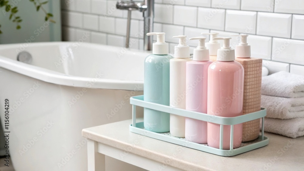 Poster closeup of bath products neatly organized on a small shelf next to the tub with their soft pastel co