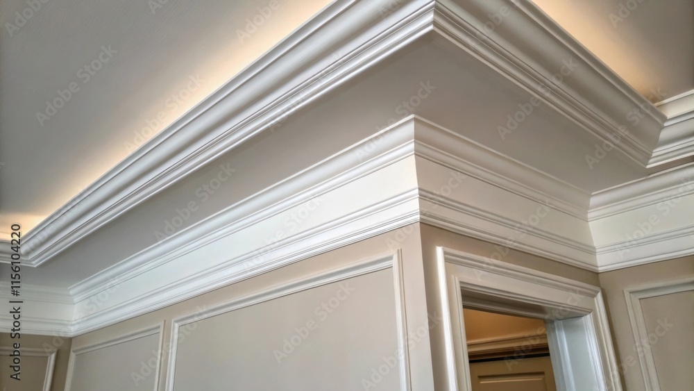 Poster Closeup of beveled edge trim where wall meets ceiling creating a polished transition and emphasizing the walls spaciousness.
