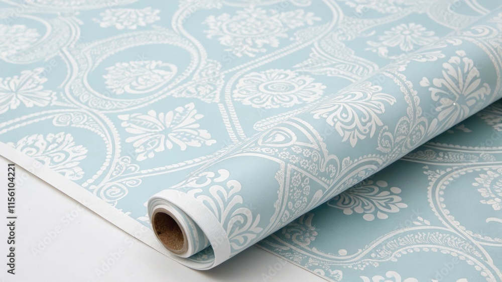 Poster closeup of a wallpaper roll where the intricate lacelike pattern emerges in soft white against a pal