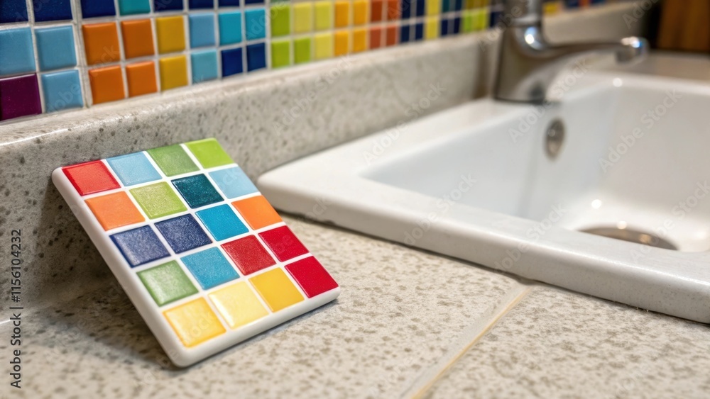 Aufkleber Closeup of a small colorful tile swatch pinned next to the sink location showcasing a vibrant design that will add character to the otherwise neutral space.