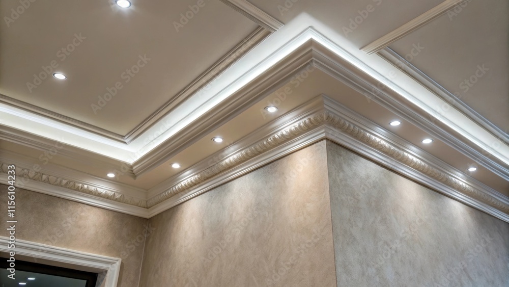 Poster Closeup of a wall corner that meets the ceiling where light sockets are positioned in preparation for recessed lighting revealing hints of a delicate plaster texture blending with