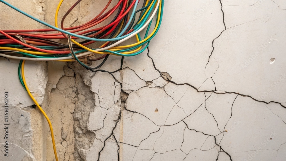 Poster closeup of a wall displaying a lively mess of electrical wires highlighted by the surrounding cracks