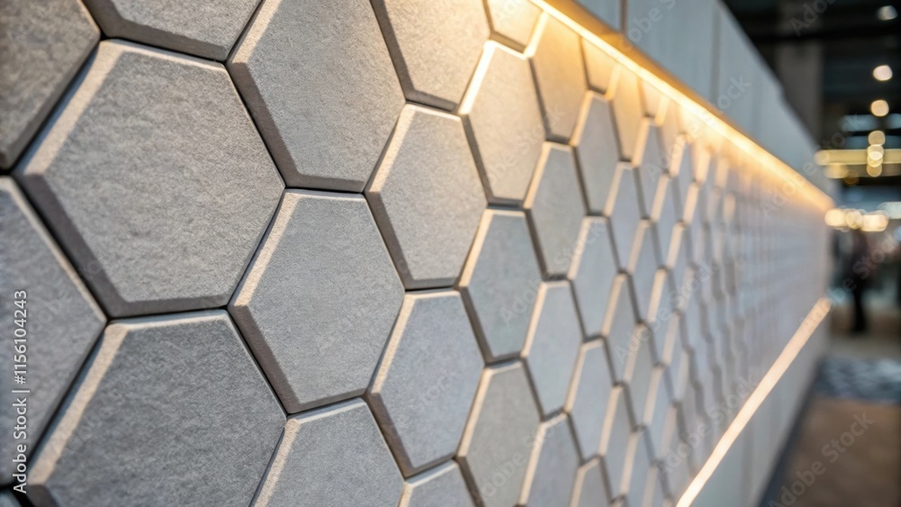 Poster Closeup of a wall section featuring hexagonal soundproofing tiles in a gradient of soft gray with the edges softly illuminated to highlight their geometric patterns.