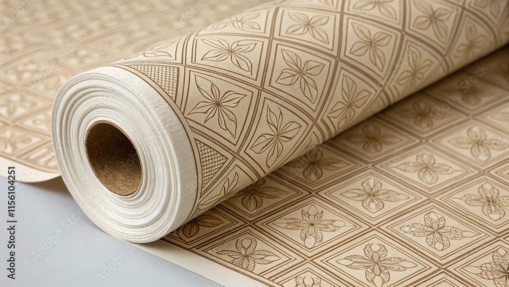 Poster closeup of a vintagestyle wallpaper roll with geometric patterns the edges crisp and clean revealing
