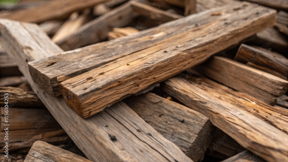 Poster closeup of a twisted pile of reclaimed wood scraps emphasizing the rugged texture and imperfections 