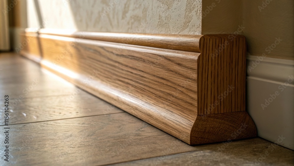 Fototapete closeup of a single wooden baseboard leaning against a wall showcasing intricate grain patterns tail