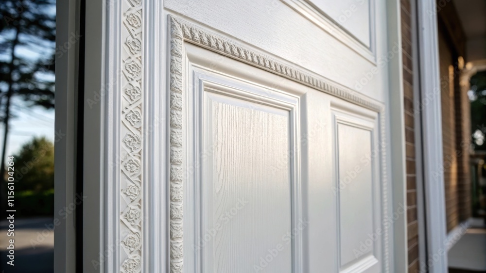 Poster closeup of a sleek white prehung door the clean lines accentuated by the subtle shadows cast by near
