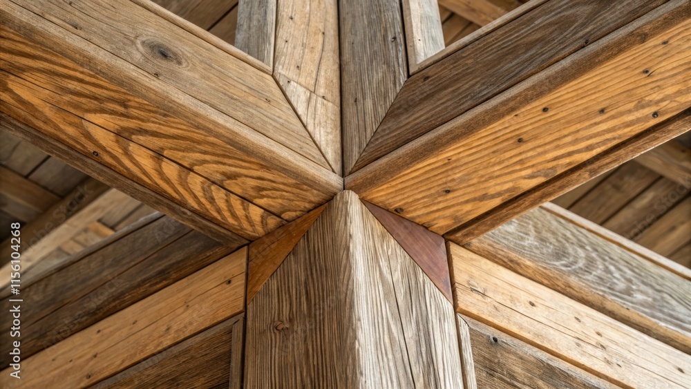 Aufkleber Closeup of beam intersections that form unique patterns where roughhewn wood meets polished surfaces creating a striking visual contrast in geometry and materiality.