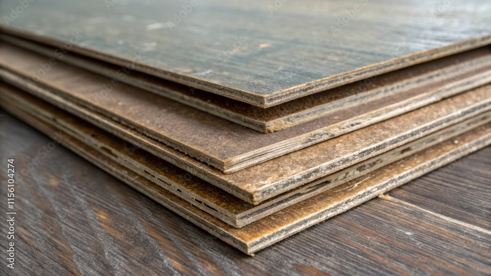 Poster Closeup of a stack of overlapping laminate boards revealing a weathered surface with deep scuff marks and a tarnished sheen.