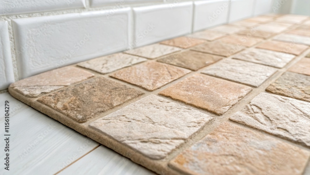 Poster closeup of a textured tile featuring a blend of soft earth tones exhibiting a rough finish that invi