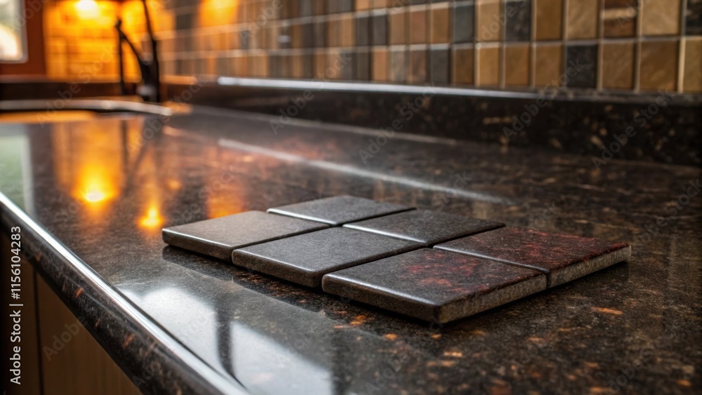 Poster closeup of a sleek dark granite surface with a few loose tiles arranged haphazardly beside it their 
