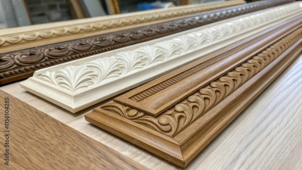 Poster closeup of a selection of panel moldings revealing layered textures with intricate detailing that in