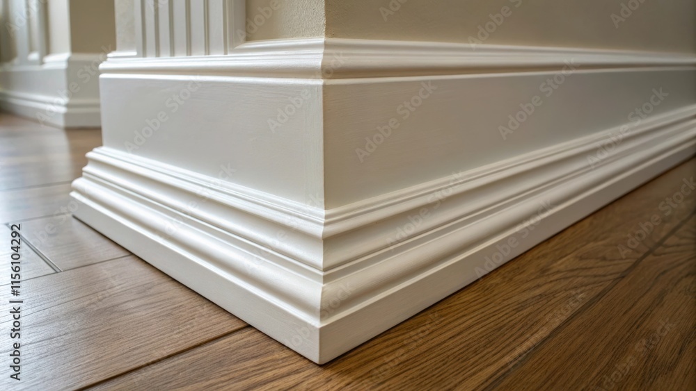 Poster Closeup of a set of baseboards their delicate grooves and sharp angles highlighted by soft lighting showcasing the crisp finish and clean lines that will soon frame the room.