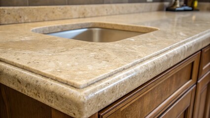 Closeup of a stone countertop where the sink outs interrupt the otherwise seamless pattern highlighting the craftsmanship around the unmounted areas.