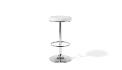 Modern chrome bar stool with white seat stands on minimalist backdrop. Sleek design features polished chrome frame, smooth white seat. Perfect for contemporary interior design. Adjustable height