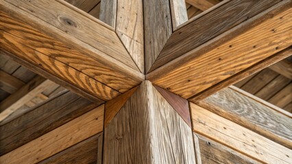 Closeup of beam intersections that form unique patterns where roughhewn wood meets polished surfaces creating a striking visual contrast in geometry and materiality.