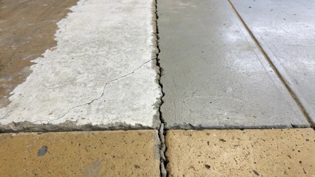 Closeup of a section where the concrete has been patched with a quicksetting compound revealing the contrasting textures and colors between the existing floor and the fresh repair.