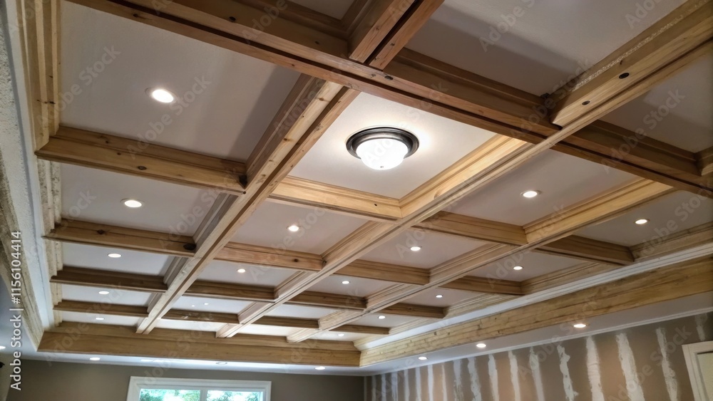 Poster closeup of a ceiling with exposed beams highlighting the raw potential of the space as patches of dr