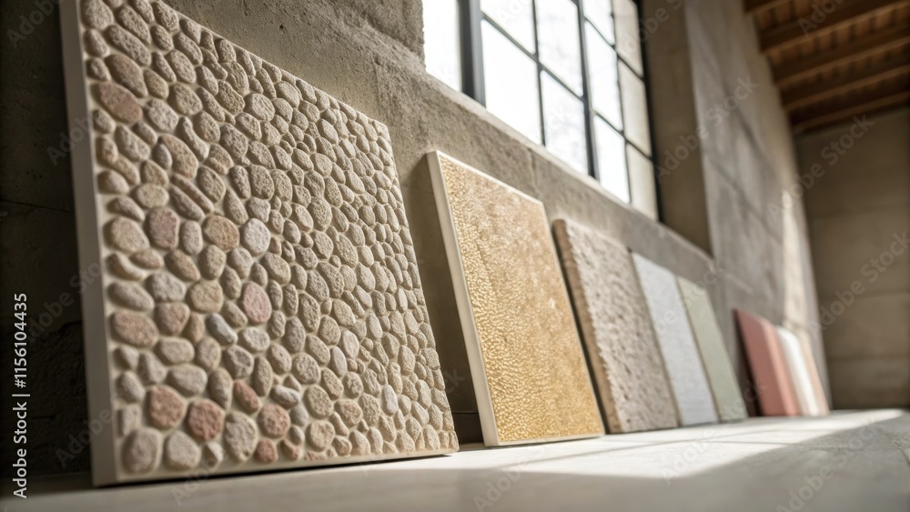 Poster Close proximity to a set of paint samples some displaying intricate textures like pebble and linen against a concrete wall capturing the interplay of colors in soft afternoon light