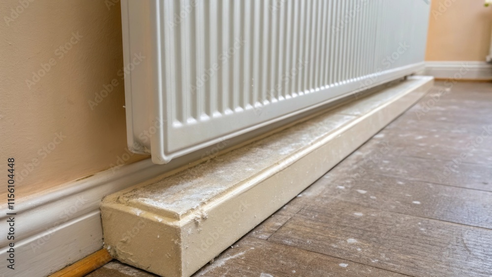 Poster Close examination of the radiators base shows a small ledge that effortlessly complements the wall color with remnants of dust from construction subtly illuminated a reminder of