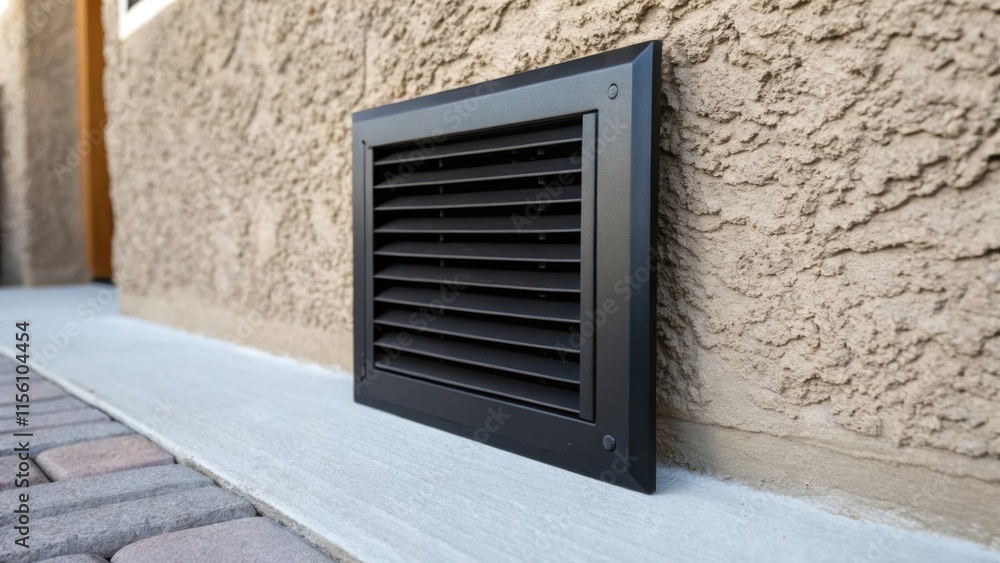 Poster captured in soft focus a vent cover with a matte black finish stands out against a backdrop of textu