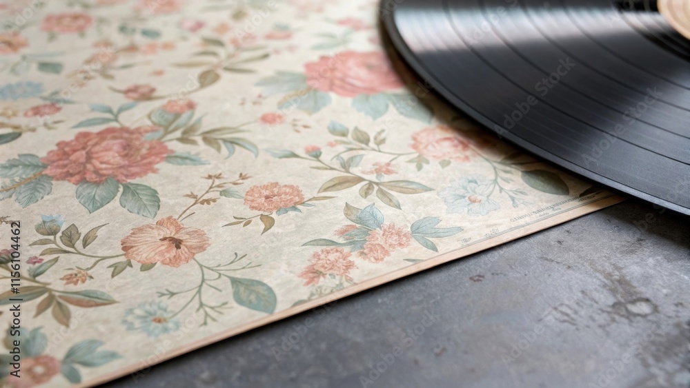Poster Captured in detail a closeup of the vinyls surface displays a faded floral pattern in muted pastels with the delicate edges curling slightly as it lies against the floor.