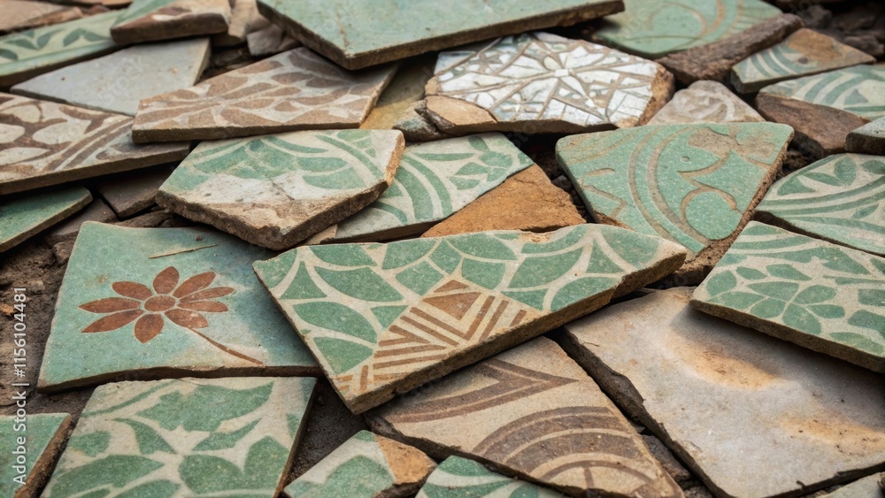 Aufkleber Broken pieces of tiles some jagged and sharp are layered atop one another each displaying unique patterns of faded greens and browns reminiscent of natural stones.