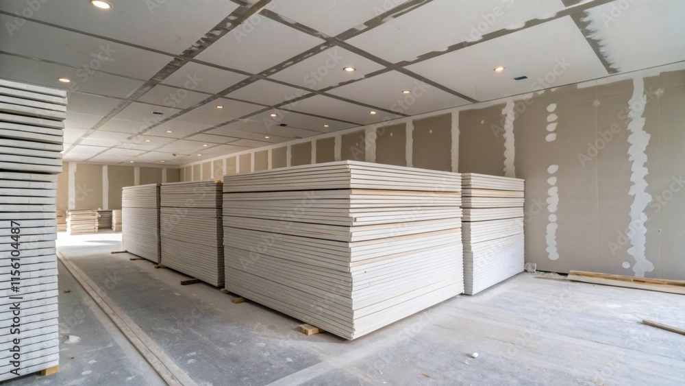 Aufkleber Bundles of drywall sheets neatly arranged on the floor create a stark contrast against the unfinished ceiling with bits of dust and debris tered around the work area.