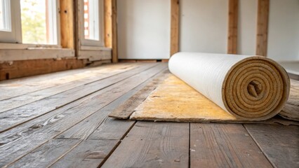 Obraz premium Capturing the moment where insulation rolls touch the worn wooden floor with rustic charm blending into the modern renovation theme revealing the contrast between old and new