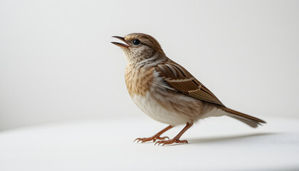 Sparrow in mid-song, feathers in stunning detail, set against a minimalist white background.