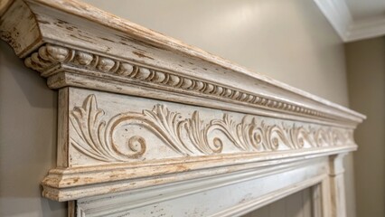 Close examination of vintagestyle molding with a distressed finish merging history and contemporary aesthetics on a plain wall.