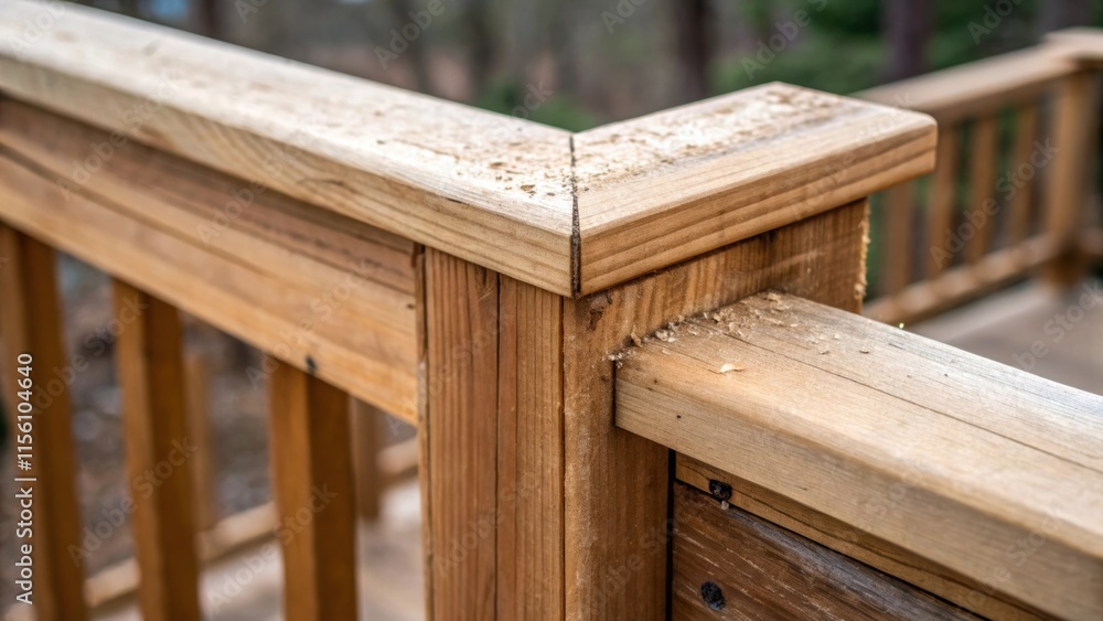 Poster A wooden railing corner joint showcasing the gaps where the pieces meet with splinters and sawdust still evident from recent s.