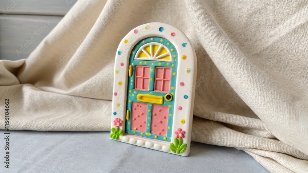 Fototapete a whimsical colorful ceramic door resting on a simple neutraltoned fabric adding a playful touch to 