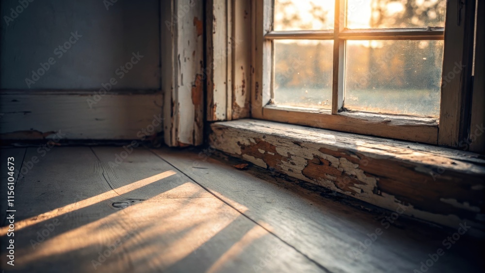 Aufkleber A window frame with peeling paint on the edges allowing soft light to spill onto an empty floor the warm highlights contrasting with the cool shadows.