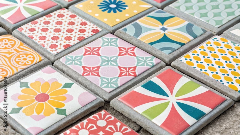 Aufkleber A whimsical arrangement of colorful patterned tiles in a playful layout framed by soft gray grout lines that balance the vibrancy and create visual cohesion.
