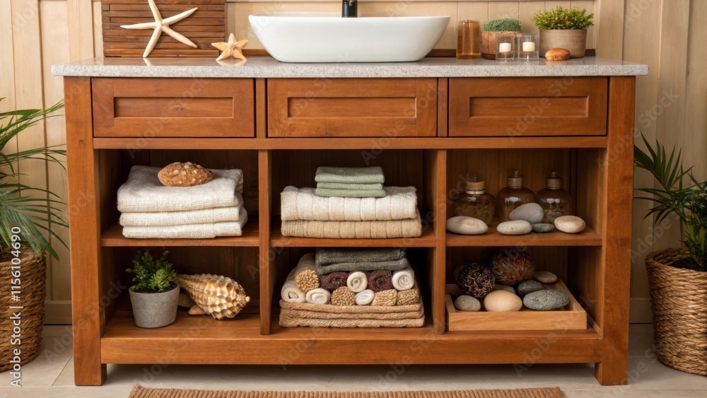 Poster a warmtoned wooden vanity reveals an open shelf at the bottom adorned with decorative towels and nat