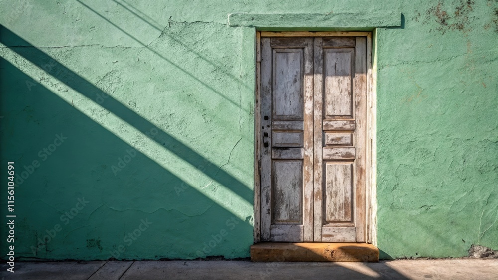 Aufkleber A weathered door marked by years of use leans against a newly painted sage wall with a dynamic interplay of light and shadow emphasizing the textures of both surfaces.